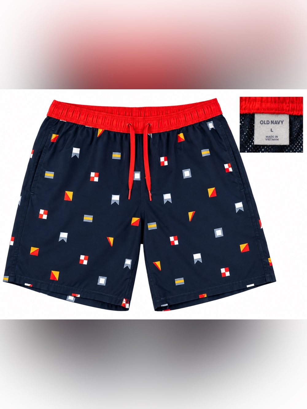 Old Navy Navy Swim Trunks with Red Waistband and Multicolor Nautical Flags